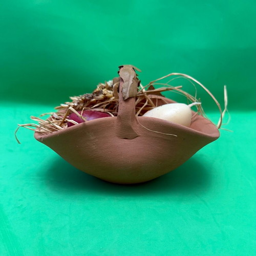 Clay basket with two wax eggs used, vintage