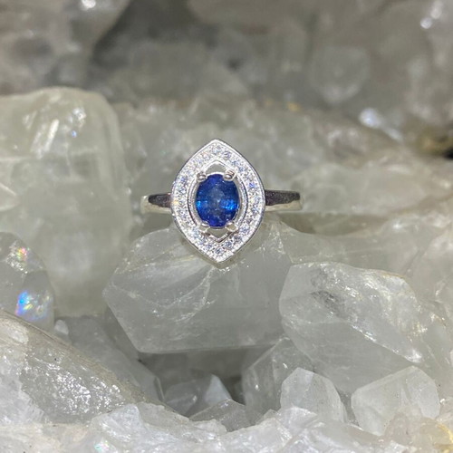 Handmade silver ring with natural blue sapphire and moissanites, size 10