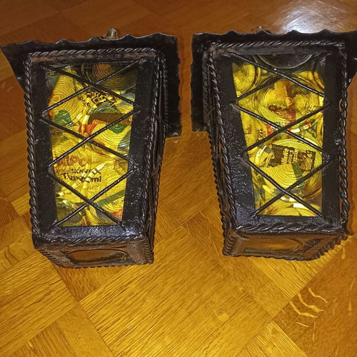 Metal outdoor and indoor lamps with yellow glass, set of 2