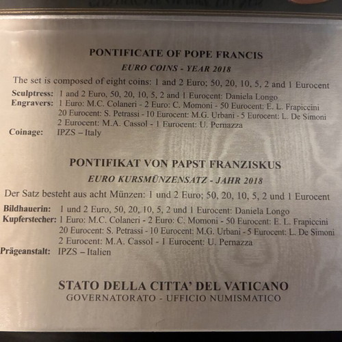 2018 Vatican City Official Euro Coin Set, 8 coins, Pope Francis coat of arms