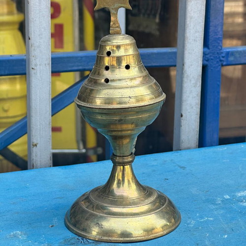 Old bronze table censer with cross, used, 19 cm