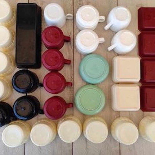 Collection of used airplane food containers, set of 31, airline brands
