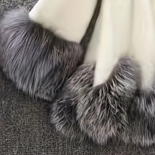 Luxury women's winter coat with hood, XL, white with grey fur trim