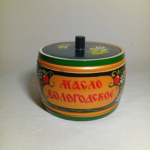 Vintage Russian Khokhloma wooden butter dish with hand-painted floral design