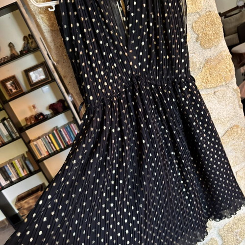 Zara dress black with gold polka dots, pleated, new, size XS