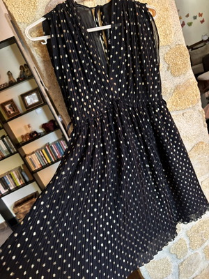 Zara dress black with gold polka dots, pleated, new, size XS