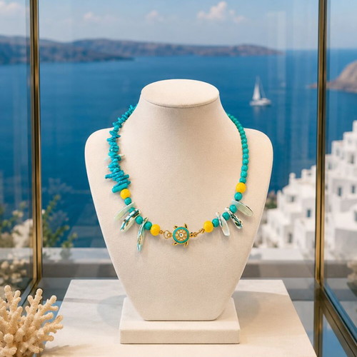 Handmade necklace with semi-precious stones Lava, Coral, Shell and a little turtle with enamel and zircon