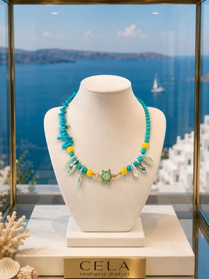 Handmade necklace with semi-precious stones Lava, Coral, Shell and a little turtle with enamel and zircon
