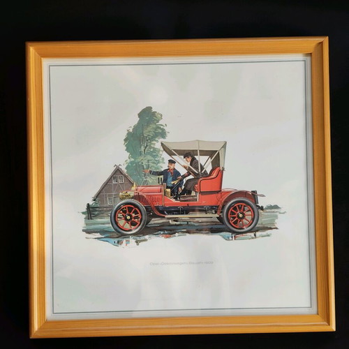 Collection of art prints with classic Opel car illustrations like new, 9 pcs