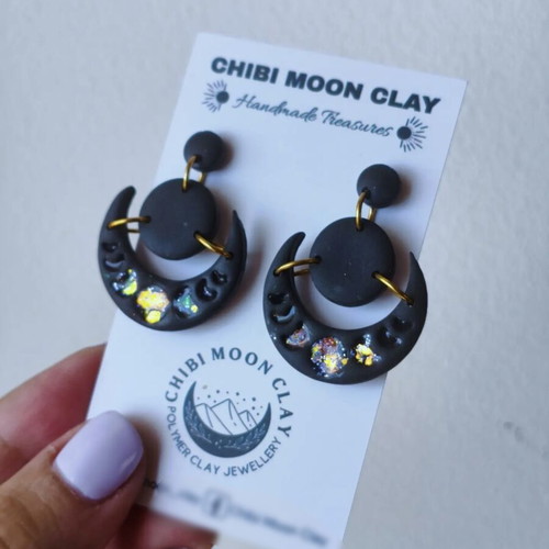 Moon earrings black new, polymer clay and steel