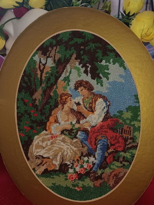 Vintage χειροποίητο κέντημα σε οβάλ κορνίζα σαν καινούργιο