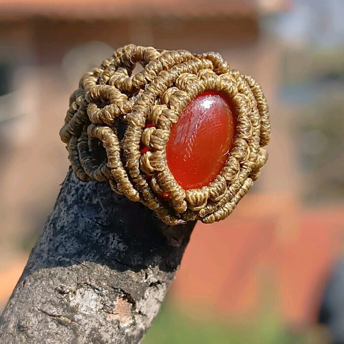 Macrame ring new with carnelian and intricate design