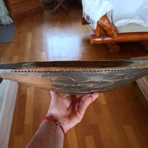 Ethnic serving platter handmade from wood and rattan