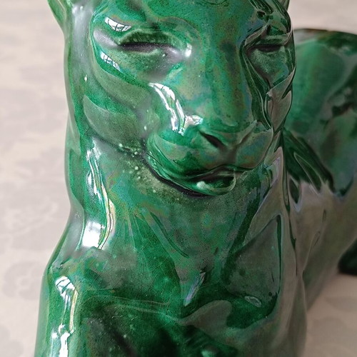 Vintage Art Déco ceramic panther figurine with green enamel, like new