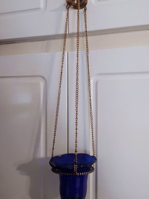 Hanging lamp with blown blue glass and gilded chains new