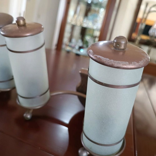 Old wall lights used, glass and bronze, set of two