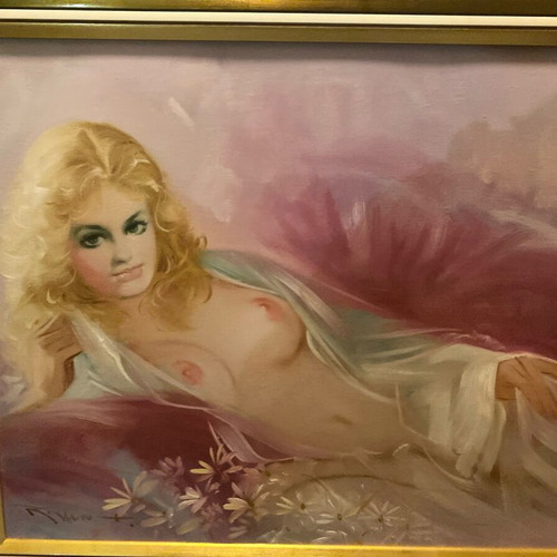 Portrait painting signed nude theme used with frame wear