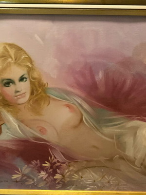 Portrait painting signed nude theme used with frame wear