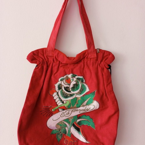 Red Ed Hardy Y2K Style Tattoo Canvas Shoulder Bag