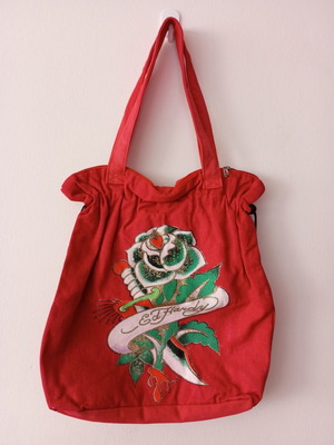 Red Ed Hardy Y2K Style Tattoo Canvas Shoulder Bag