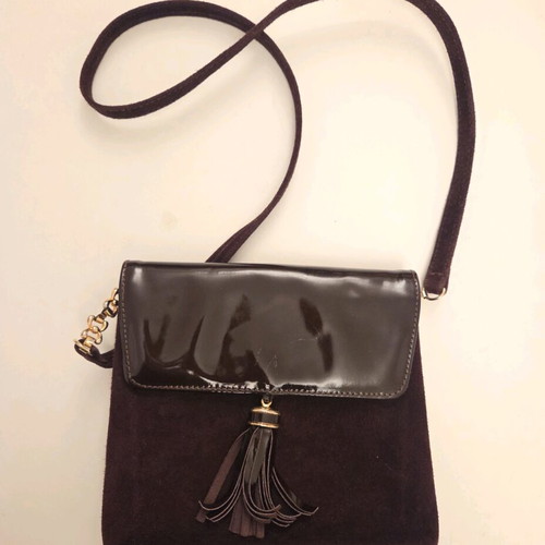 Structured Suede and Patent Leather Tassel Crossbody Bag used, burgundy