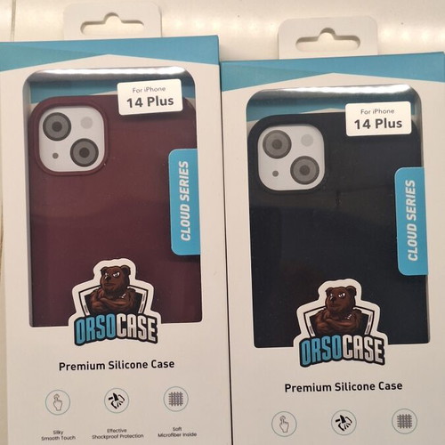 OrsoCase iPhone 14 Plus silicone cases, black and burgundy, pack of 2
