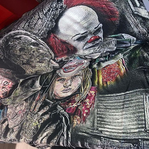 Vintage horror blanket used with graphic print, large 2x2.2m