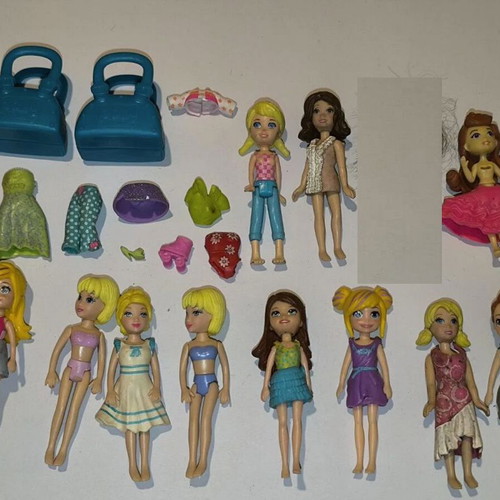 Polly Pocket dolls with accessories, used, pack of 9