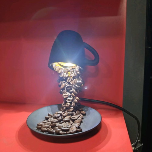 Handmade table lamp with porcelain, coffee beans, and 12 LED lights