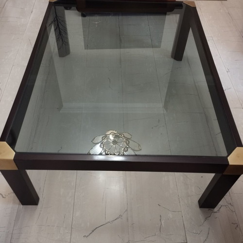 Varagkis walnut coffee table like new with brass details and smoked glass