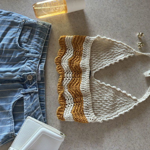 Zara women's halter neck crochet crop top, orange and cream