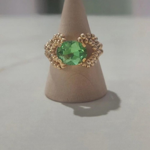 Handmade ring new with golden beads and green centerpiece, size 17