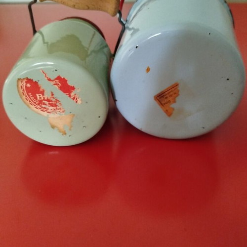 Vintage enamel containers, 1950s, blue and pistachio with red details