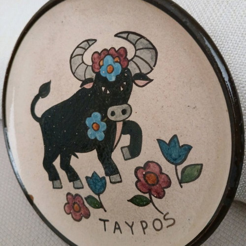 Vintage handmade ceramic plate Taurus zodiac