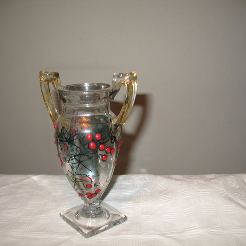 Glass decorated amphora-shaped vase hand-painted like new from the 60's