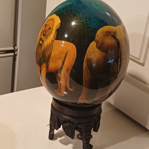 Hand-painted Ostrich Egg with Wooden Base, African Safari