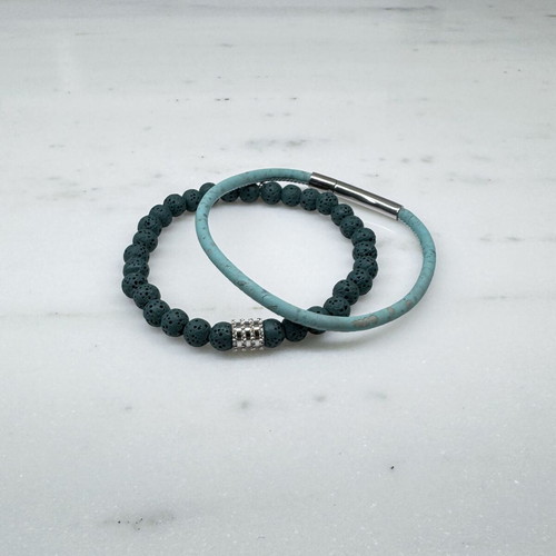 Double men's bracelet with lava stones and cork cord new, turquoise and silver