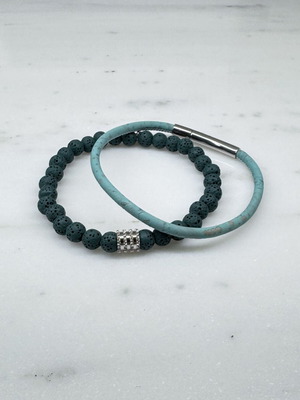 Double men's bracelet with lava stones and cork cord new, turquoise and silver