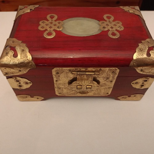 Wooden jewelry box used, red and gold