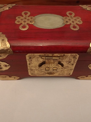 Wooden jewelry box used, red and gold