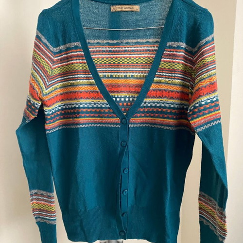 Pink Woman Teal Pattern Cardigan Medium used, colorful aztec knit