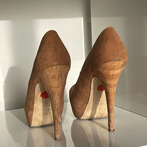 Suede Peep-Toe Shoes with Cork Platform and Heel, Used, Size 38