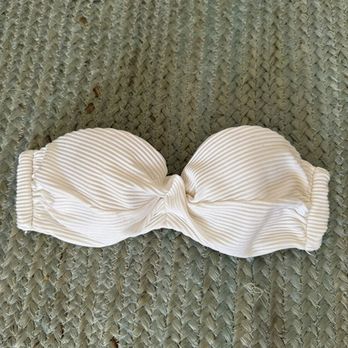 White Ribbed Bandeau Bikini Top used, strapless, adjustable back