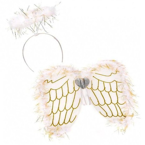 Angel Set with Halo Headband and Large White Wings with Gold Details 49cm