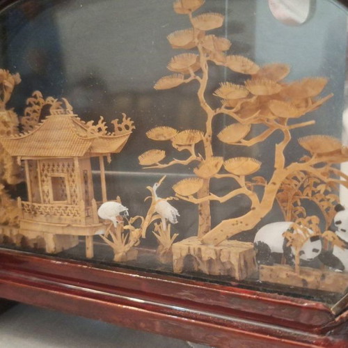 Handmade Chinese landscape cork diorama in glass case