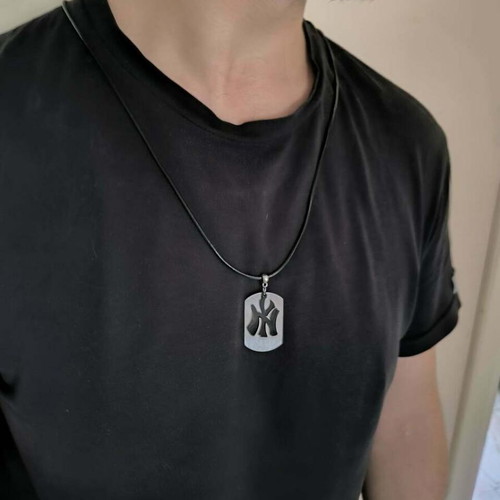 Handmade men's necklace with black leather cord and steel NY element new