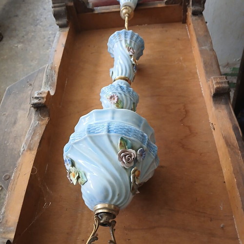 Vintage ceramic ceiling light used with blue color and embossed flowers
