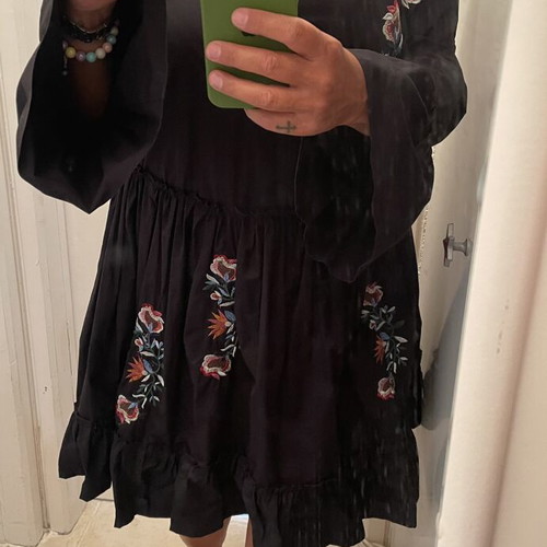 Zara midi cotton dress black with embroidered flowers size M-L