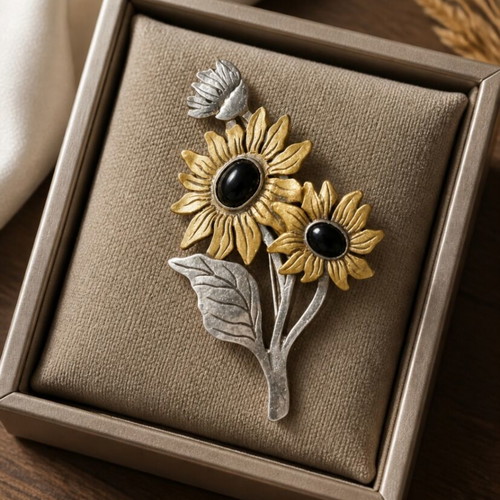 Vintage brooch with silver 925 and bronze sunflowers, handmade, used