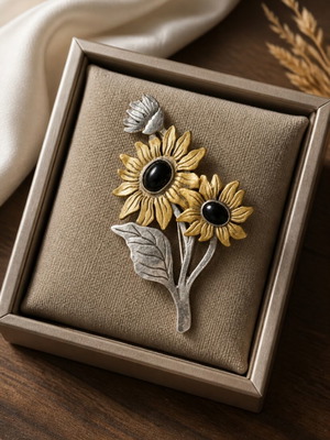 Vintage brooch with silver 925 and bronze sunflowers, handmade, used